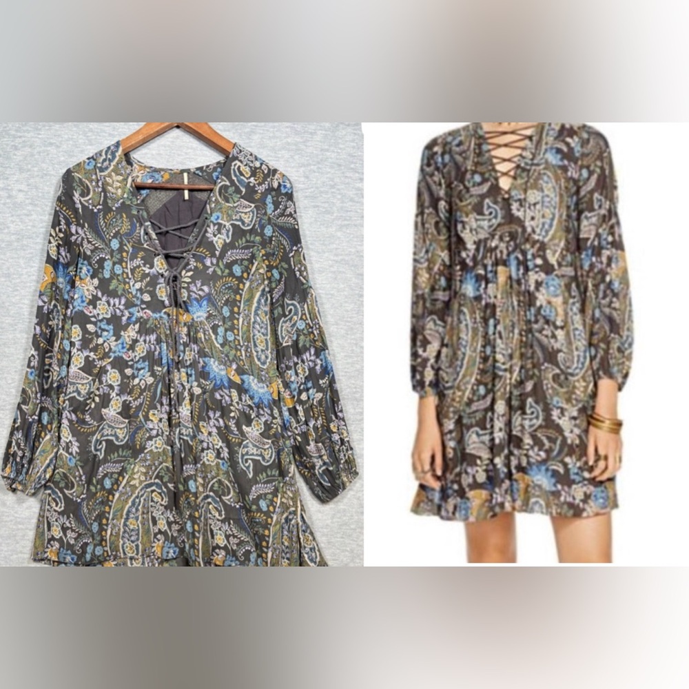 Free People Dress XS Rain or Shine Tunic Gray Paisley Print Lace Up Mini Boho